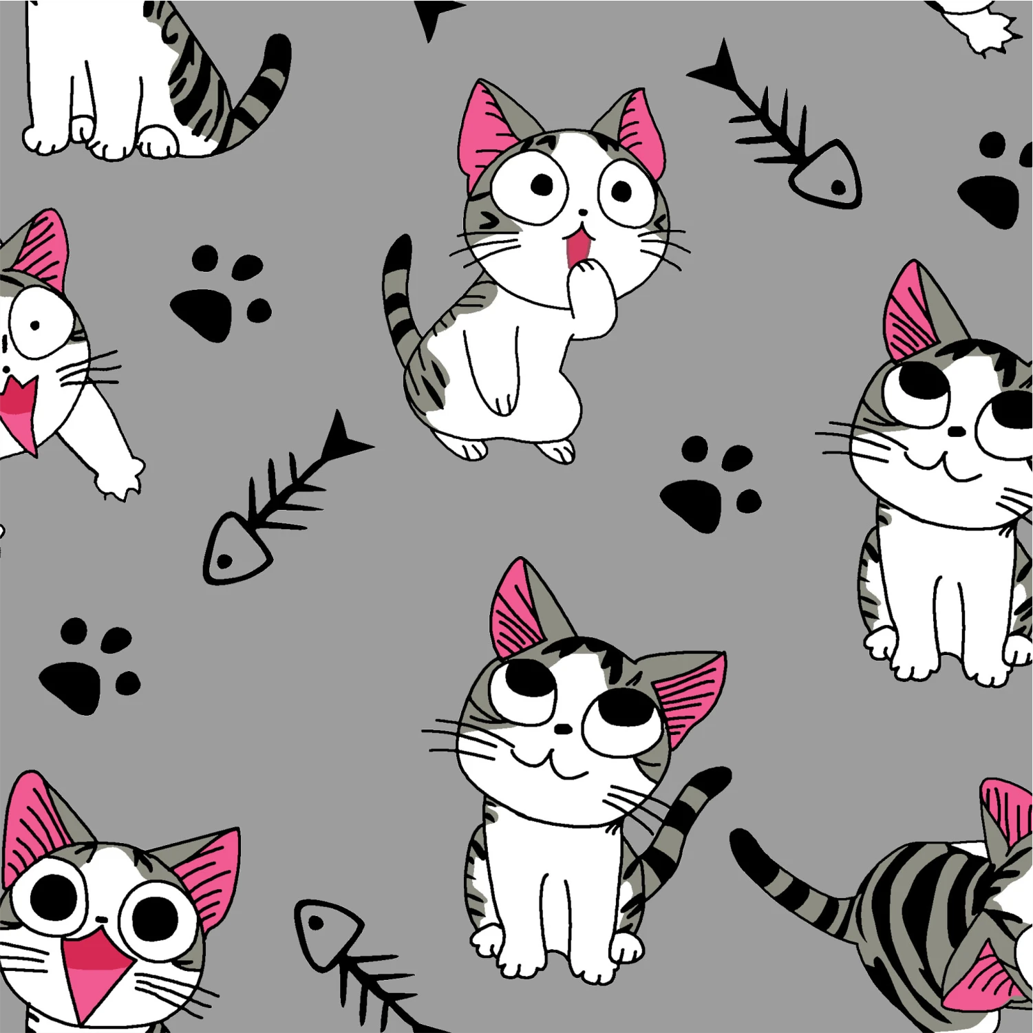 Printed Heavy Twill Bonded |180 Gsm | Cat Print | Grey