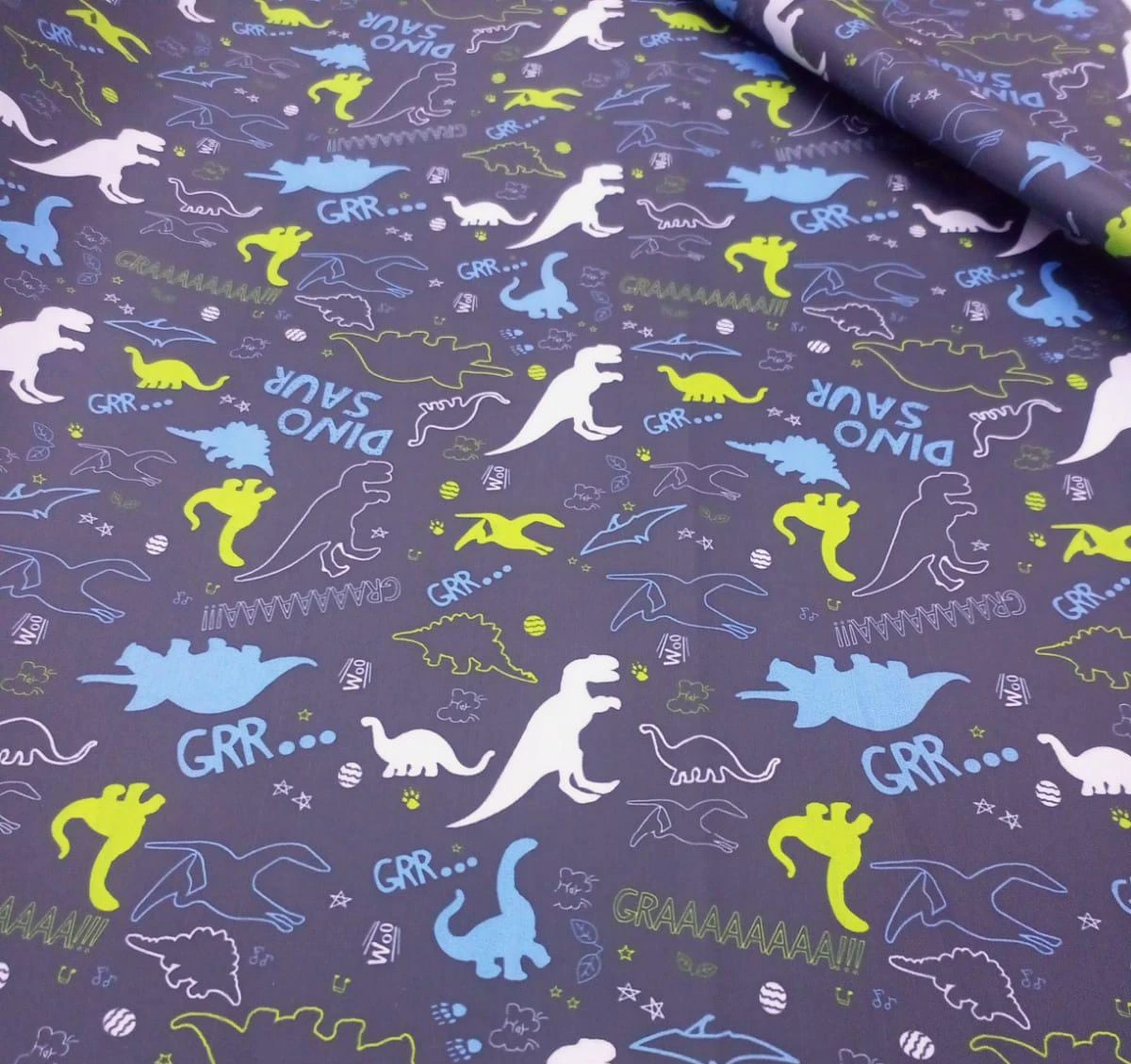 Dinosaur-Themed Heavy Twill Fabric 250 GSM | Navy Blue | Bonded